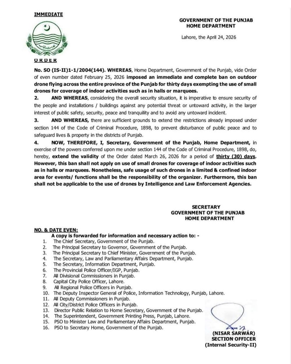 Punjab extends Section 144, retains ban on outdoor drone flying | The Express Tribune